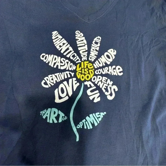 Life is Good V Neck Crusher Navy Flower Art of Optimism Short Sleeve Tee Sz S - Picture 5 of 8